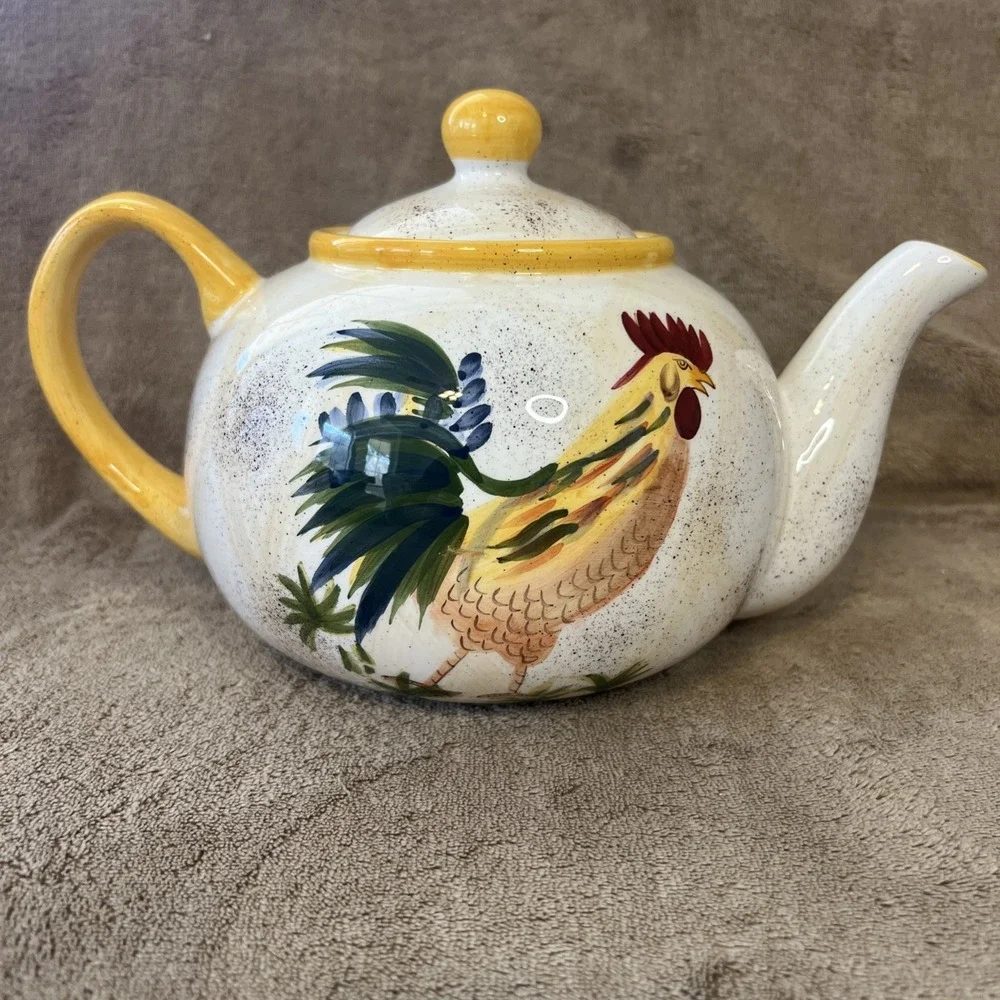 AMERICAN ATELIER Teapot & Lid Round Rooster Handpainted Earthenware 5242